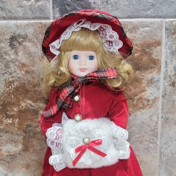 Vintage Porcelain Doll Velvet Red Dress White Lace Muff Hand Warmer - Picture 9 of 14